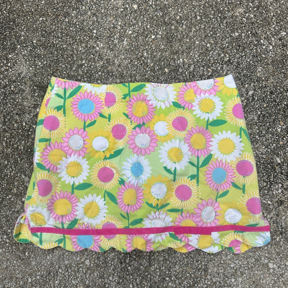 Lilly Pulitzer Sunflower Floral Scalloped Mini Skirt Green Pink Size 8